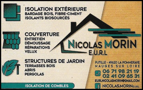 eurl nicolas morin, isolation,création de terrasses,terrasses bois,isolation extérieure,bardage,bardage bois,bardage fibre-ciment,isolants biosourcés,fibre de bois,chanvre,isolation extérieure,cedral,terrasse composite,terrasse fibre-ciment,couverture,zinguerie,isolation par soufflage,isolation des combles,pergolas,pergolas bio-climatiques,velux,remplacement de velux,fenêtres de toits,démoussage toiture,abris de jardin,cabanes pour enfants,ardoise,ardoises naturelles,couverture ardoise fibro,couverture et bardage en bac acier,couvertures en tuiles