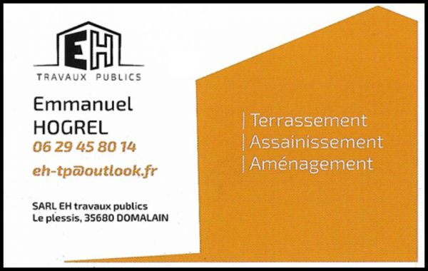 eh travaux publics - emmanuel hogrel, terrassement,création de cours,mini-pelle,retenue de terre,rocaille,aménagements paysagers,neuf et rénovation,travaux publics,pose de fosses toutes eaux,micro-station,assainissement,curage d'étangs,curage de fossés,démolition,bâtiments agricoles et industriels,bâtiments d'élevage,aménagement de cours,création de plans d'eau,empierrement,enrochement,récupérateur d'eaux de pluie enterrées,aménagement d'espaces verts,terrassement de piscines,tous travaux de vrd,canalisations,plateformes,location de mini-pelle avec chauffeur,location de pelle avec chauffeur,location de pelle à chenilles avec chauffeur,draînage de champs,fondations,entretien de talus,talutage,dessouchage,pose de bac de filtration hydrocarbures,