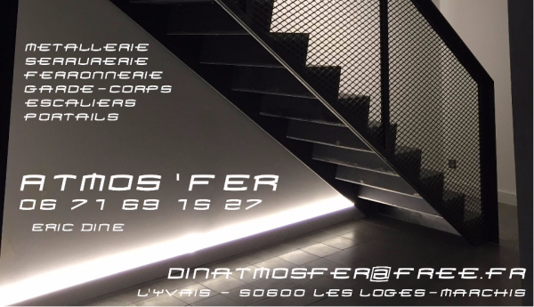 atmos'fer, métallerie, ferronnerie, serrurerie,escaliers, garde-corps, verrières, marquises,portails,clôtures, fer forgé, mobilier