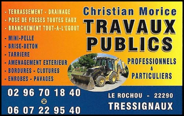 sarl christian morice travaux publics, terrassement,travaux publics,pose de fosses toutes eaux,micro-station,assainissement,curage de fossés,démolition,aménagement de cours,pose de bordures,pose de pavés,empierrement,enrochement,récupérateur d'eaux de pluie enterrées,aménagement d'espaces verts,tous travaux de vrd,canalisations,clôtures,raccordement tout-à-l'égout